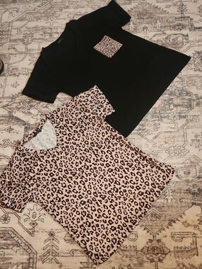 Womens Large Miholl Black Top with Leopard Pocket + Leopard Print Top..Like New